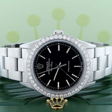 Rolex Air-King Black Dial 34MM Automatic Stainless Steel Watch with Custom Diamond Bezel 14000