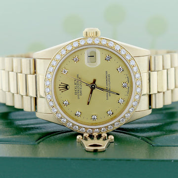 Rolex President Datejust Midsize 18K Yellow Gold Factory Diamond Dial 31MM Watch 68278 w/Diamond Bezel