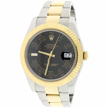 Rolex Datejust II 2-Tone 18K Yellow Gold & Stainless Steel 41MM Black Roman Dial Mens Oyster Watch 116333