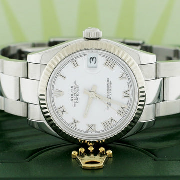 Rolex Datejust Midsize Factory White Roman Dial White Gold Fluted Bezel 31mm Automatic Steel Oyster Watch 178274