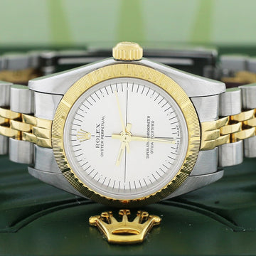 Rolex Oyster Perpetual Ladies 2-Tone 18K Yellow Gold/Stainless Steel Factory Silver Dial Engine Turned Bezel 24MM Jubilee Watch 76243