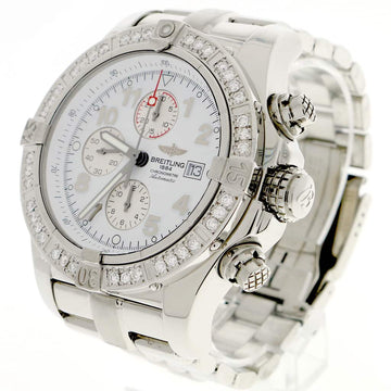 Breitling Super Avenger Chronograph White Dial 48MM Automatic Stainless Steel Mens Watch w/1.4CT Diamond Bezel A13370