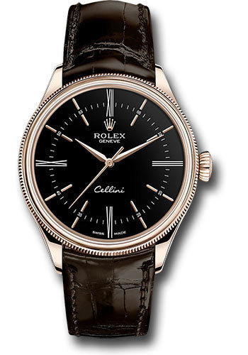 Rolex Cellini Time Watch - Everose - Black Dial - Brown Leather Strap - 50505 bkbr