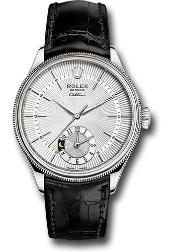 Rolex Cellini Dual Time Watch - White Gold - Silver Dial - Black Leather Strap - 50529 sbk