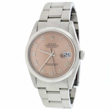 Rolex Datejust Pink Roman Dial 36MM Smooth Domed Bezel Oyster Stainless Steel Mens Watch 16200