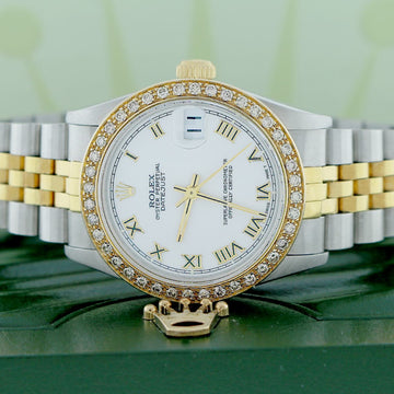 Rolex Datejust 2-Tone Gold/Steel Factory White Roman Dial Midsize 31mm Womens Jubilee Watch 68273 w/Diamond Bezel