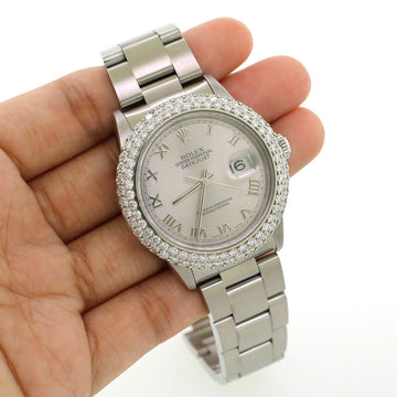 Rolex Datejust 36mm Silver Roman Dial Watch 4.6CT Diamond Bezel 16200