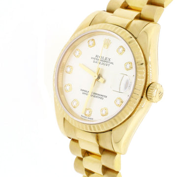 Rolex President Datejust 31mm Midsize 18K Yellow Gold Rolex Silver Diamond Dial Fluted Bezel Automatic Watch 178248