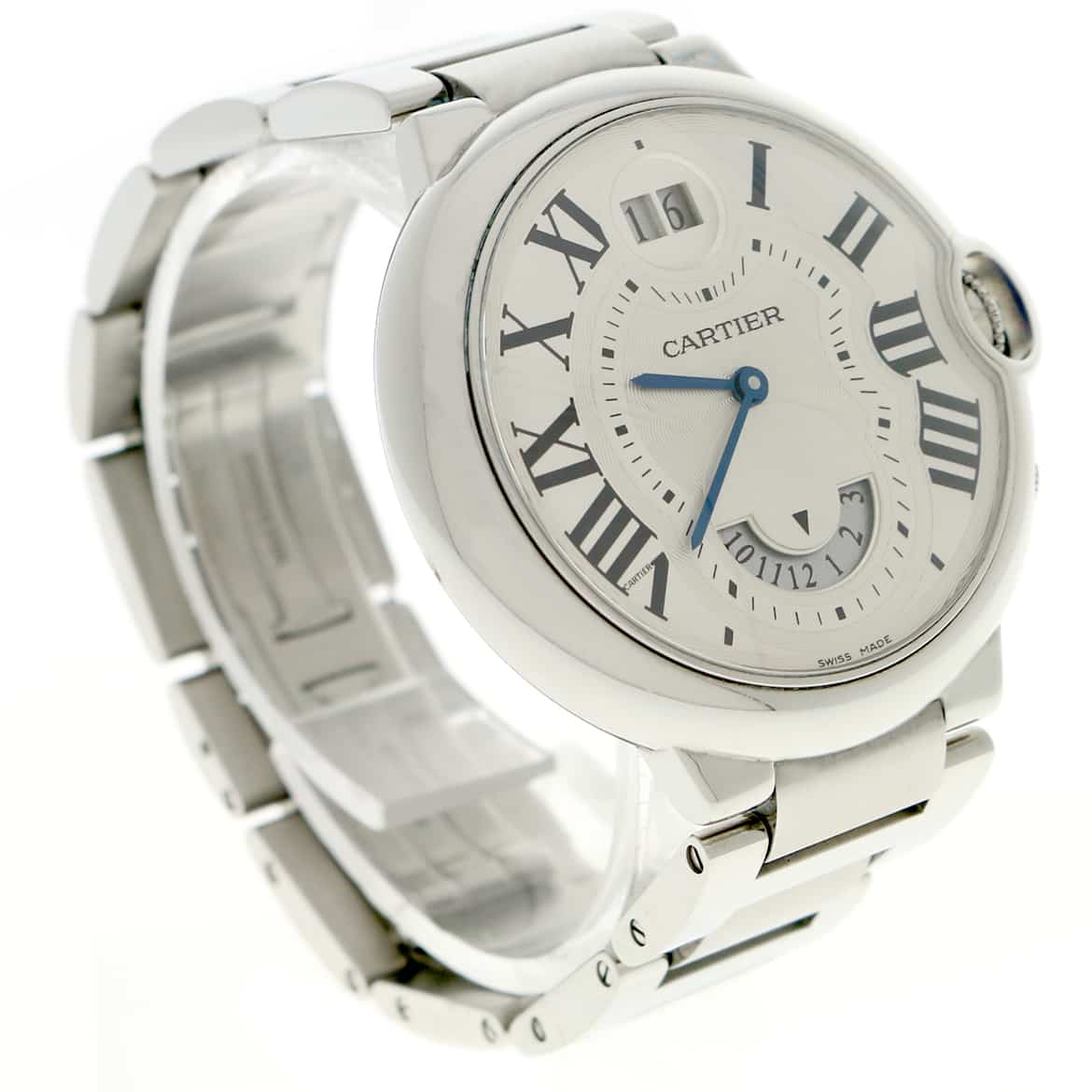 Cartier Ballon Bleu Two Timezone Mens 38MM Silver Roman Dial Stainless Steel Watch W6920011