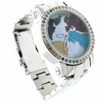 Freeze World Map Mother of Pearl Dial Diamond Bezel 49MM Stainless Steel Mens Watch