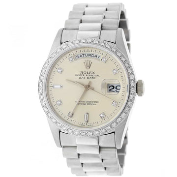 Rolex Day-Date 18K White Gold Original Diamond Dial 36MM Mens Watch 18239 w/Diamond Bezel