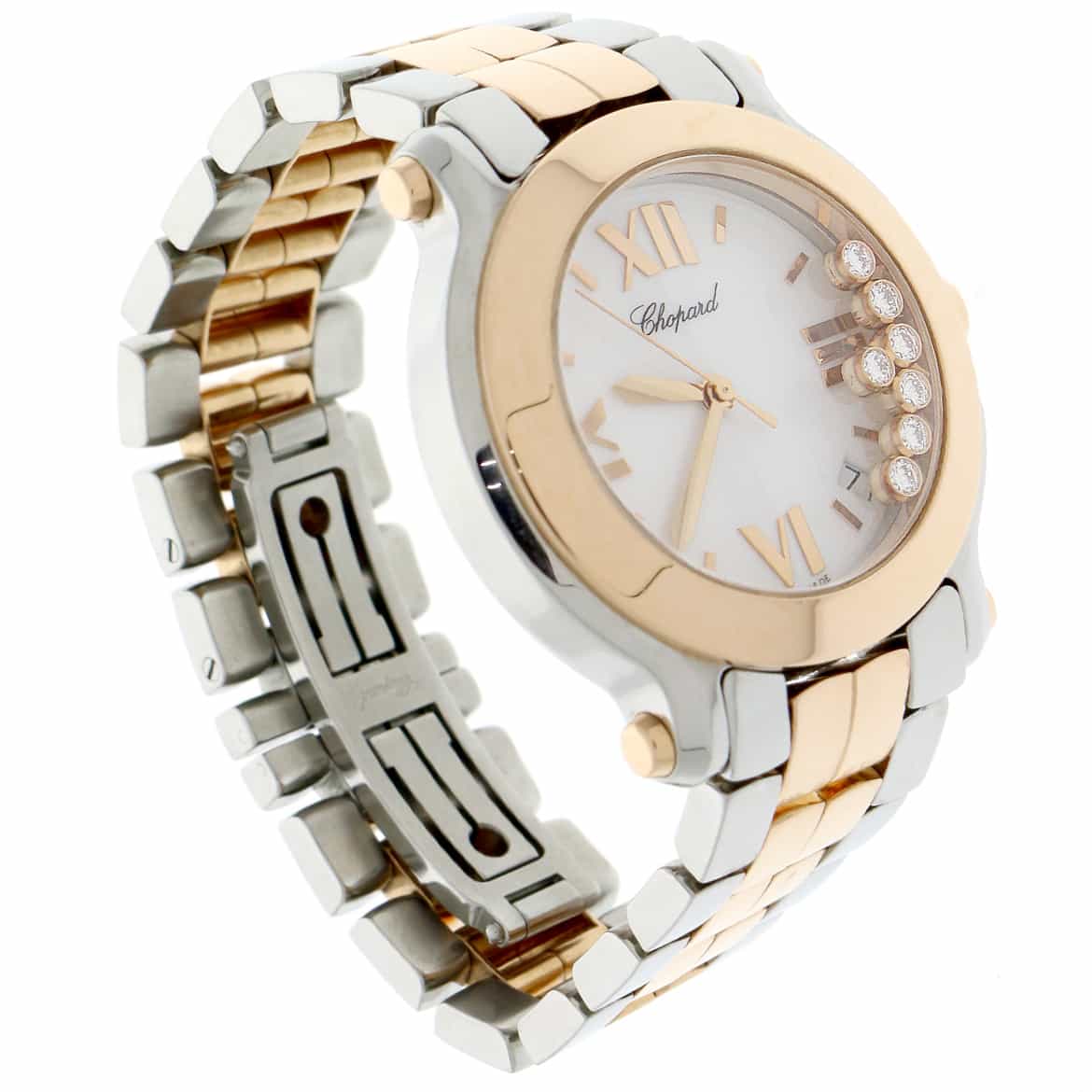 Chopard Happy Sport Round Medium 7 Floating Diamonds 2 Tone 18K Rose Gold Stainless Steel 36MM Watch 278488 9001