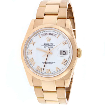 Rolex President Day-Date 18K Rose Gold Original White Roman Dial 36MM Oyster Automatic Mens Watch 118205