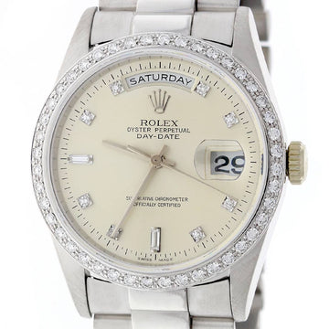 Rolex Day-Date 18K White Gold Original Diamond Dial 36MM Mens Watch 18239 w/Diamond Bezel