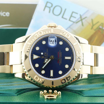 Rolex Yacht-Master 18K Yellow Gold Blue Dial Oyster 35MM Midsize Watch 168628