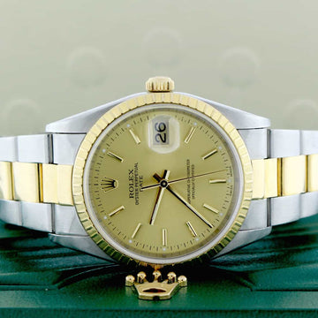 Rolex Date 2-Tone 18K Yellow Gold & Stainless Steel Original Champagne Dial 36MM Automatic Oyster Mens Watch 15223