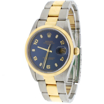 Rolex Oyster Perpetual Date 2-Tone 18K Yellow Gold/Stainless Steel 34MM Factory Blue Dial Oyster Watch 15203