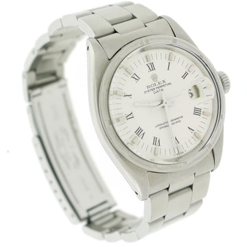 Rolex Oyster Perpetual Date 34mm Engine Turned Bezel White Roman Dial Automatic Stainless Steel Oyster Watch 1501