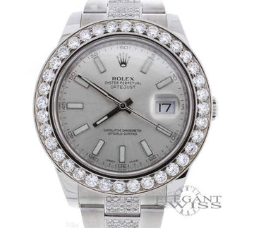 Rolex Datejust II 41MM Silver Index Dial Automatic Mens Oyster Watch 116300 w/Diamond Bezel & Bracelet