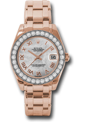 Rolex Everose Gold Datejust Pearlmaster 34 Watch - 32 Diamond Bezel - Mother-Of-Pearl Roman Dial - 81285 mrp