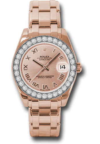 Rolex Everose Gold Datejust Pearlmaster 34 Watch - 32 Diamond Bezel - Pink Roman Dial - 81285 prp