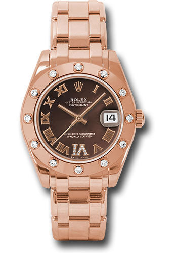 Rolex Everose Gold Datejust Pearlmaster 34 Watch - 12 Diamond Bezel - Chocolate Roman Dial - 81315 chodr