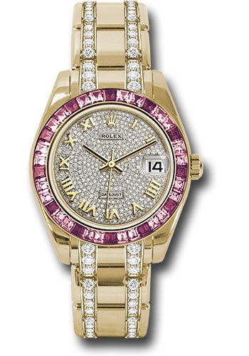 Rolex Yellow Gold Datejust Pearlmaster 34 Watch - 12 Pink And 24 Light-Pink Sapphire Baguettes Bezel - Diamond Paved Roman Dial - 81348SARO dprdp