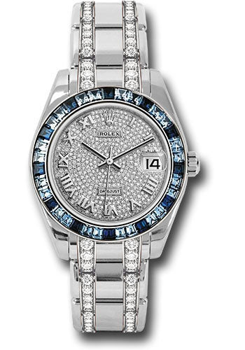 Rolex White Gold Datejust Pearlmaster 34 Watch - 12 Blue And 24 Light-Blue Sapphire Baguettes Bezel - Diamond Paved Roman Dial - 81349SA dprdp