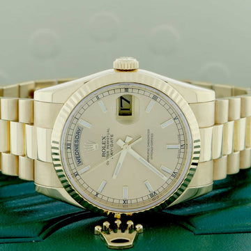 Rolex President Day-Date 18K Yellow Gold Original Champagne Stick Dial 36MM Automatic Mens Watch 118238