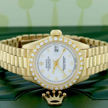 Rolex President Ladies 18K Yellow Gold Original White Roman Dial 26MM Automatic Watch with Diamond Bezel
