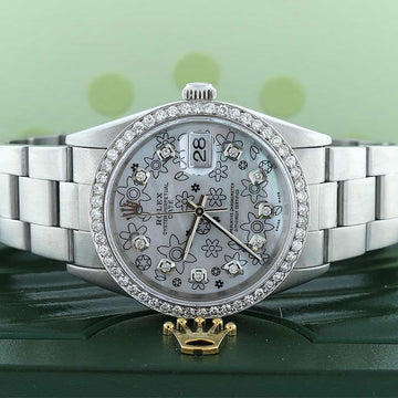 Rolex Oyster Perpetual Date 34MM Automatic Stainless Steel Ladies Watch with Custom Floral Mother of Pearl Diamond Dial & Bezel