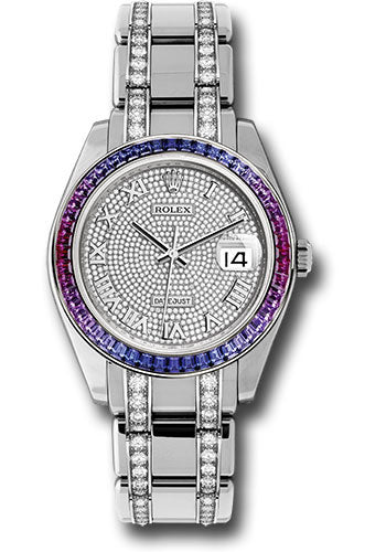 Rolex White Gold Datejust Pearlmaster 39 Watch - 48 Blue To Fuchsia Pink Gradient Baguette-Cut Sapphires Bezel - 18K White Gold Diamond Paved Dial - 86349SAFUBL dpdb