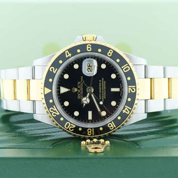 Rolex GMT-Master II 2-Tone 18K Yellow Gold & Stainless Steel Black Dial Automatic Mens Watch 16713