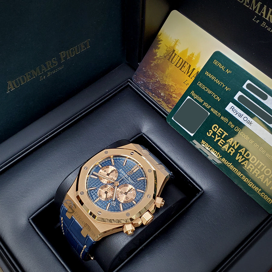 Unworn Audemars Piguet Royal Oak 41mm Chronograph Blue Dial Rose Gold