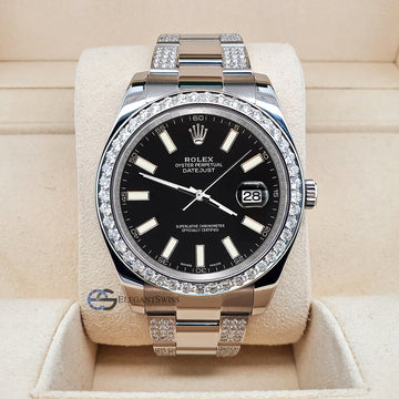 Rolex Datejust II 41mm 5ct Diamond Bezel/Bracelet/Black Index Dial Steel Watch 116300 Box Papers