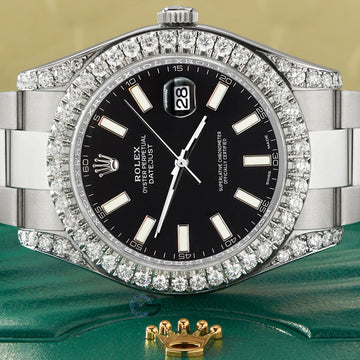 Rolex Datejust II Steel 41mm Watch 4.5CT Diamond Bezel/Lugs/Black Index Dial 116300 Box Papers