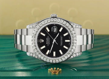 Rolex Datejust II Steel 41mm Watch 4.5CT Diamond Bezel/Lugs/Black Index Dial 116300 Box Papers
