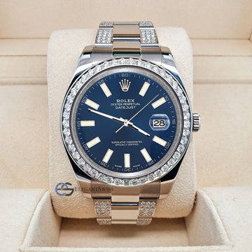 Rolex Datejust II 41mm 5ct Diamond Bezel/Bracelet/Blue Index Dial Steel Watch 116300 Box Papers