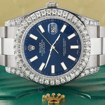 Rolex Datejust II Steel 41mm Watch 4.5CT Diamond Bezel/Lugs/Blue Index Dial 116300 Box Papers