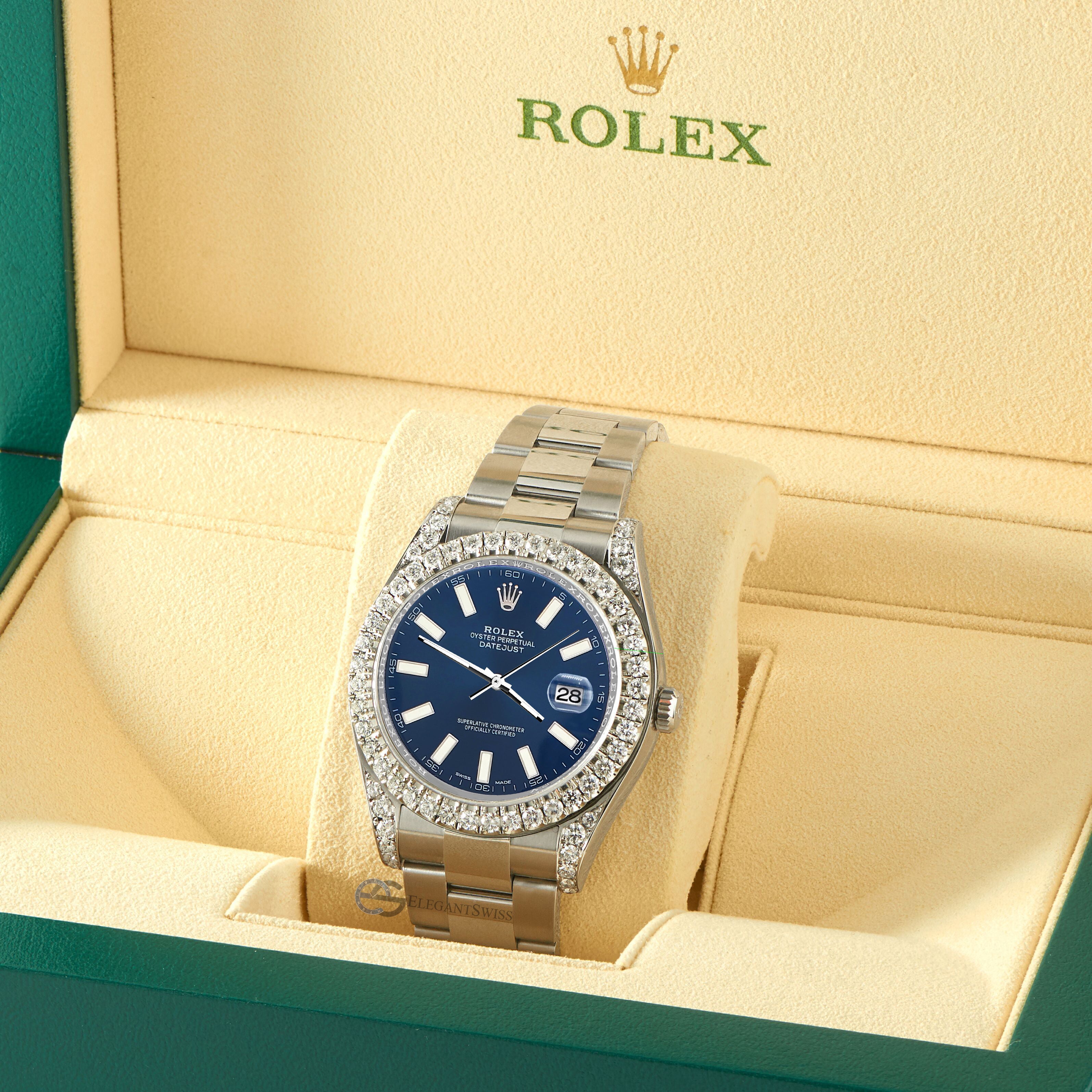 Rolex Datejust II Steel 41mm Watch 4.5CT Diamond Bezel Lugs Blue Stick Dial 116300 Box Papers