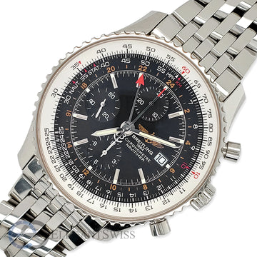 Breitling Navitimer World 46mm Chronograph GMT Black Dial Stainless Steel Watch A2432212 Box Papers
