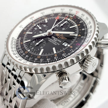 Breitling Navitimer World 46mm Chronograph GMT Black Dial Stainless Steel Watch A2432212 Box Papers