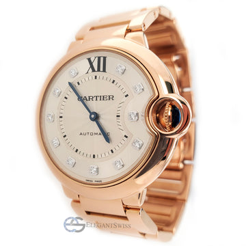 Cartier Ballon Bleu 36mm 18k Rose Gold Silver Diamond Dial Watch WE902026 Box Papers