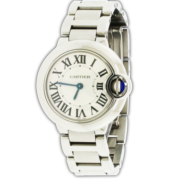 Cartier Ballon Bleu Small Silver Roman Dial 28MM Stainless Steel Ladies Watch W69010Z4