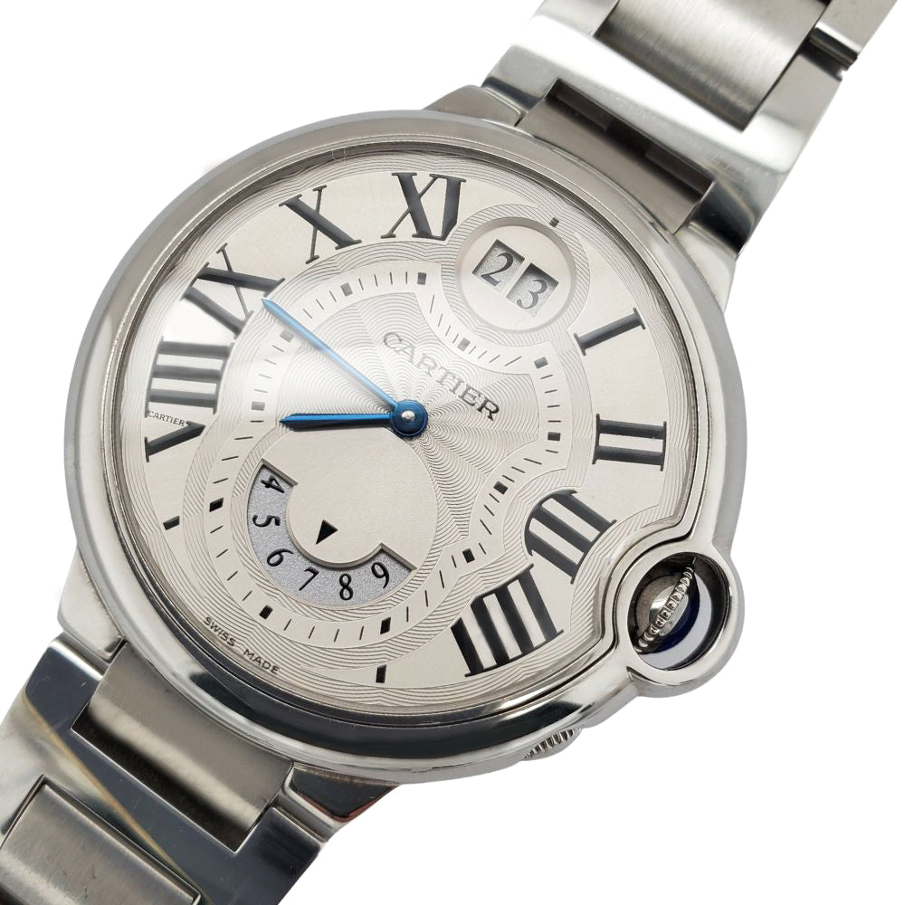 Cartier Ballon Bleu Dual Time Zone Steel Silver Roman Dial Watch W6920