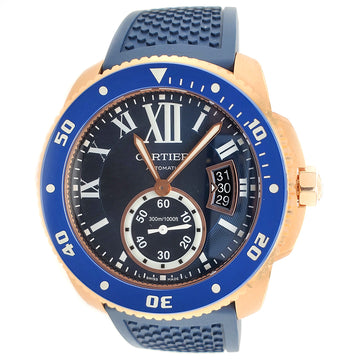 Calibre de Cartier Diver Blue Roman Dial/Bezel 42mm Rose Gold Watch Box Papers