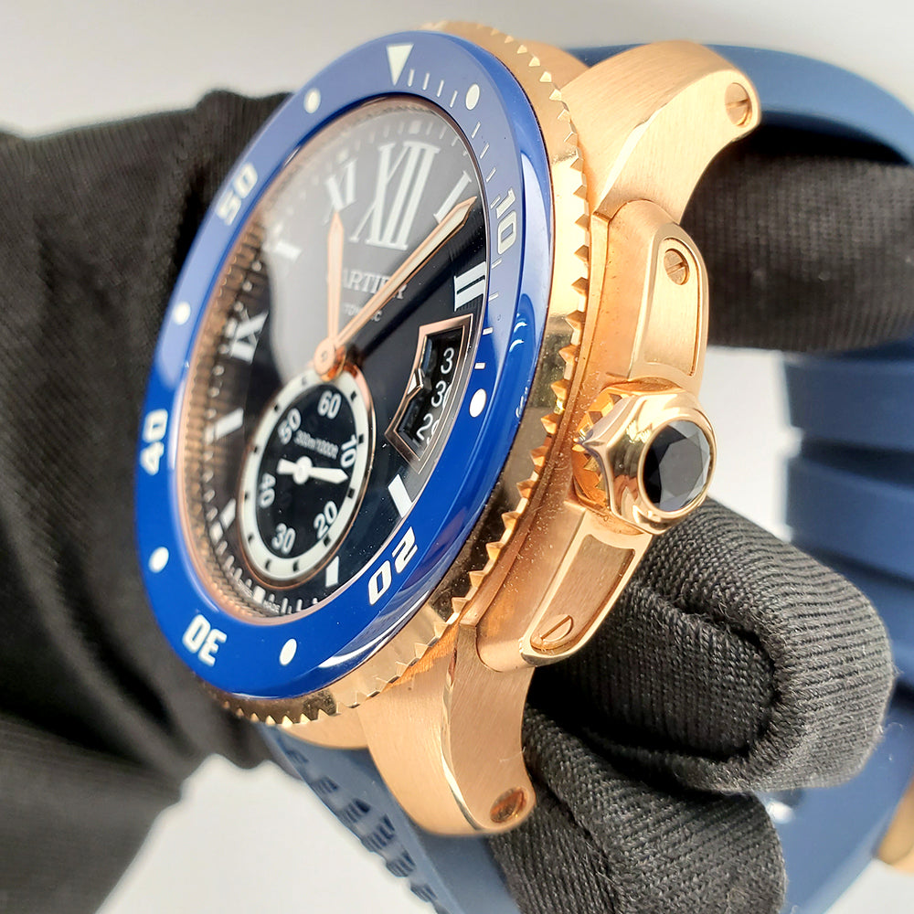 Calibre de Cartier Diver Blue Roman Dial/Bezel 42mm Rose Gold Watch Box Papers