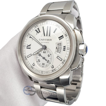 Calibre De Cartier 42mm Silver Dial Stainless Steel Watch 3389 Box Papers