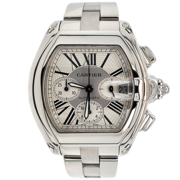 Cartier Roadster Chronograph XL 43mm Silver Roman Dial Steel Watch W62019X6 Box Papers