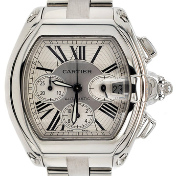 Cartier Roadster Chronograph XL 43mm Silver Roman Dial Steel Watch W62019X6 Box Papers